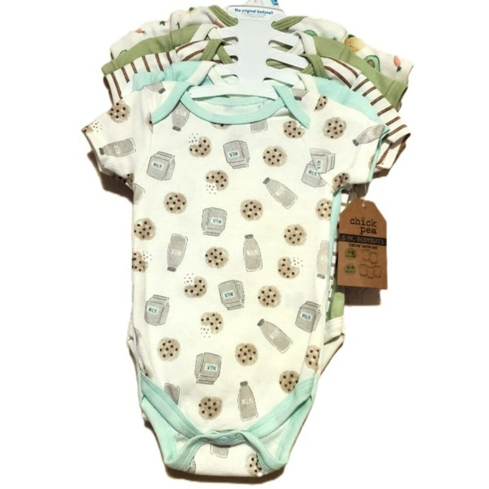 NWT. CHICKPEA Unisex Baby 5-Pack Milk/Foods Print Bodysuits